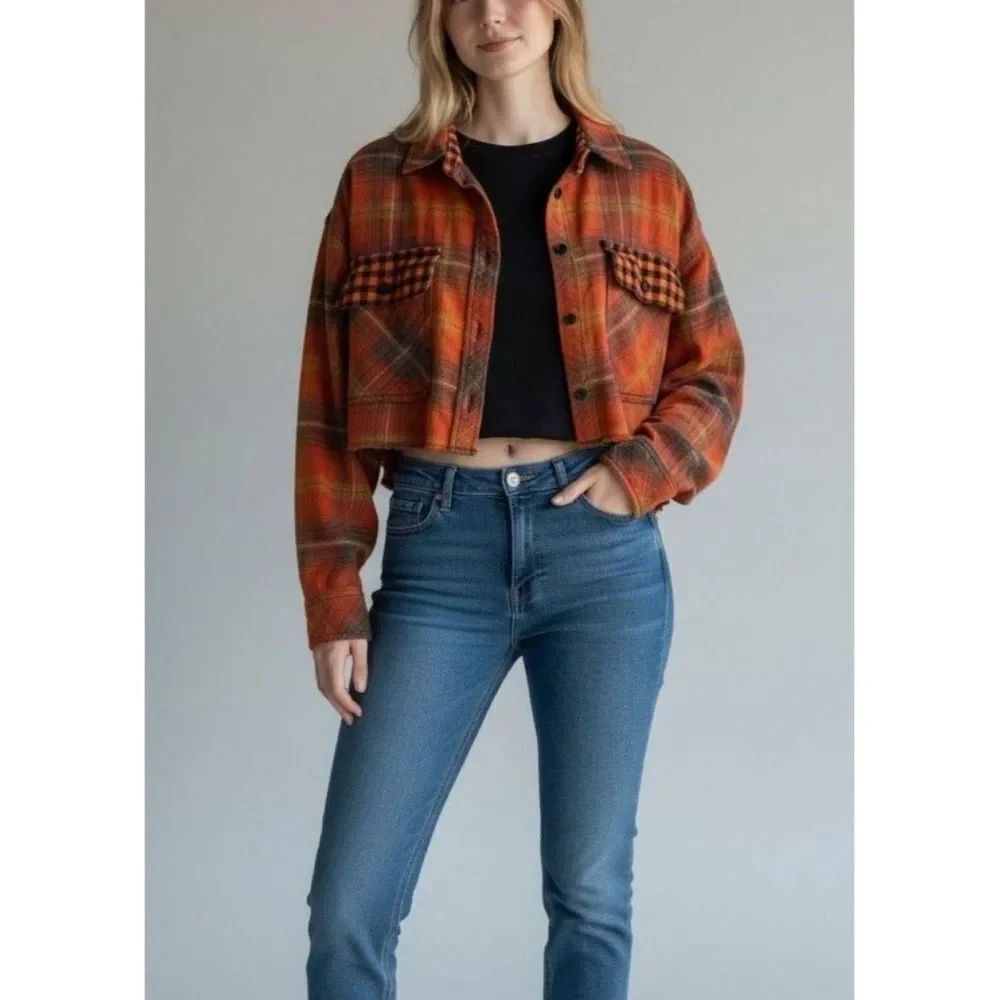 Urban outfitters | oversized Orange Plaid Cropped top